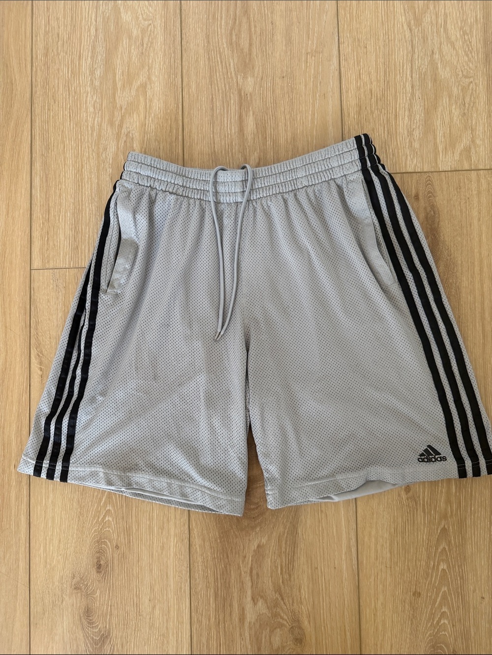 adidas Gray Mesh Athletic Shorts with Black Side Stripes